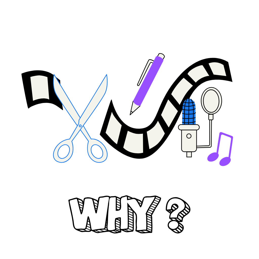 Illustration showing film strip, scissors, pen, microphone, and music notes with “WHY?” text below, symbolizing reasons to learn video editing.