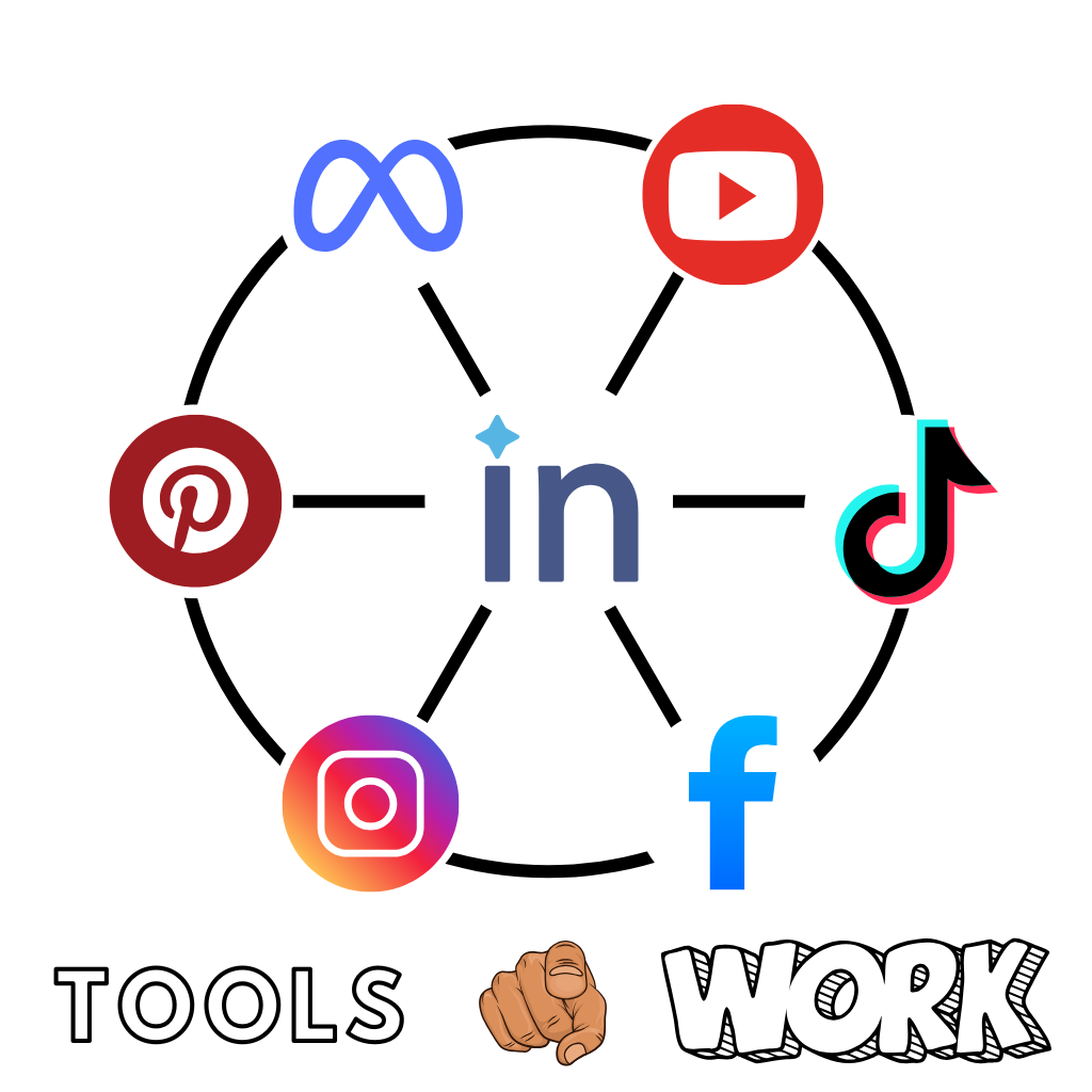 "Icons of social media marketing tools like Meta Business Suite, Canva, Hootsuite, and analytics dashboards"