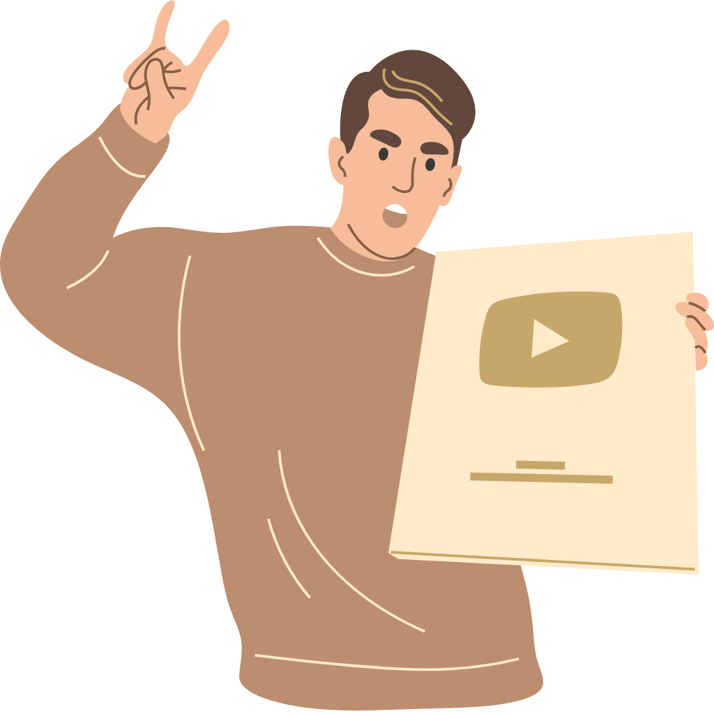 Illustration of a YouTube content creator proudly holding a golden play button award, making a victory hand sign.