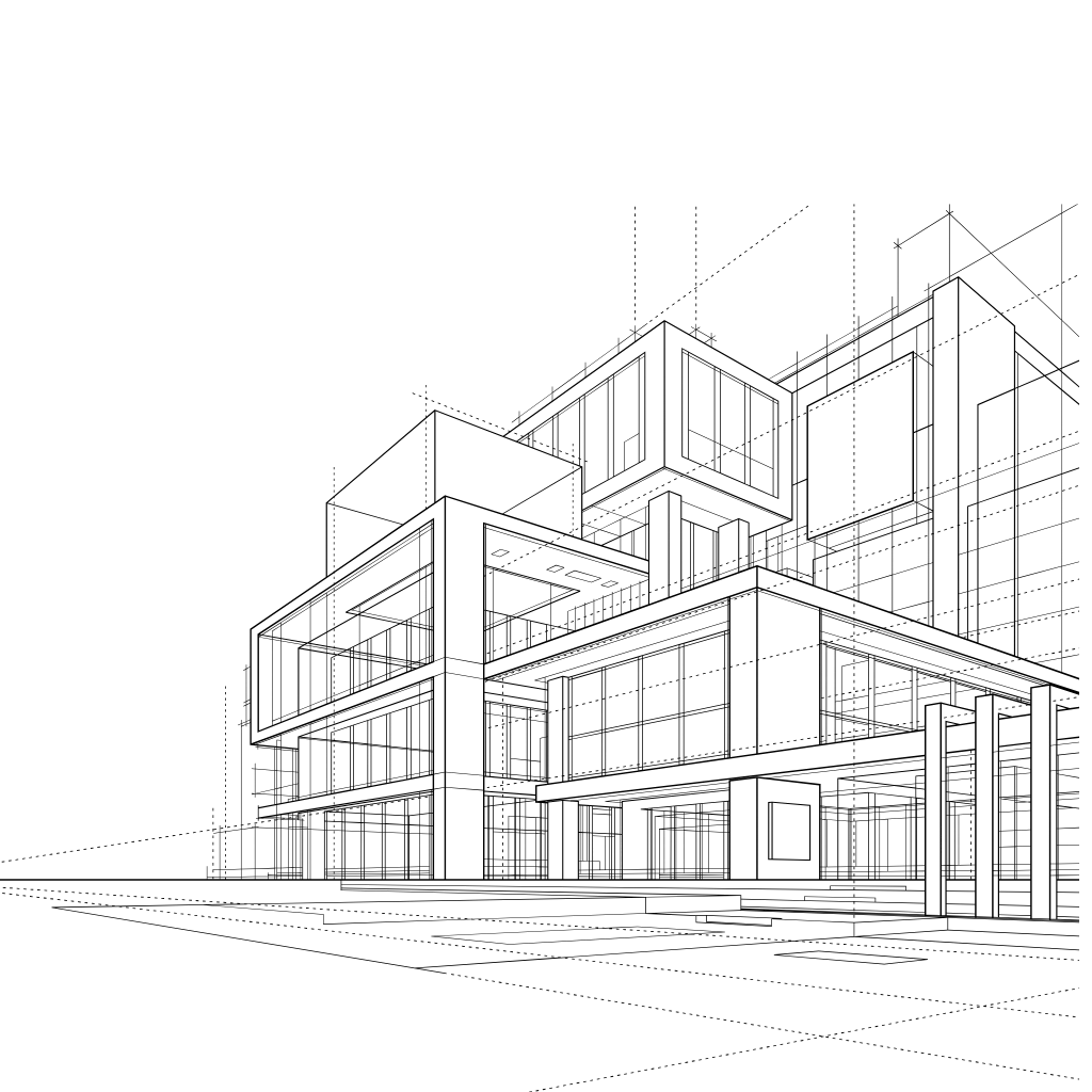 AI-generated architectural line drawing of a modern multi-level building in perspective.