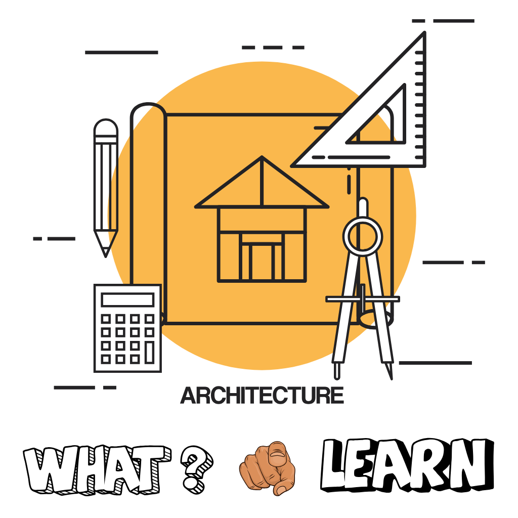 Flat line-art style tools of architecture — blueprint, compass, pencil, ruler, calculator — over a warm orange circle, with bold text “WHAT? 👉 LEARN”.