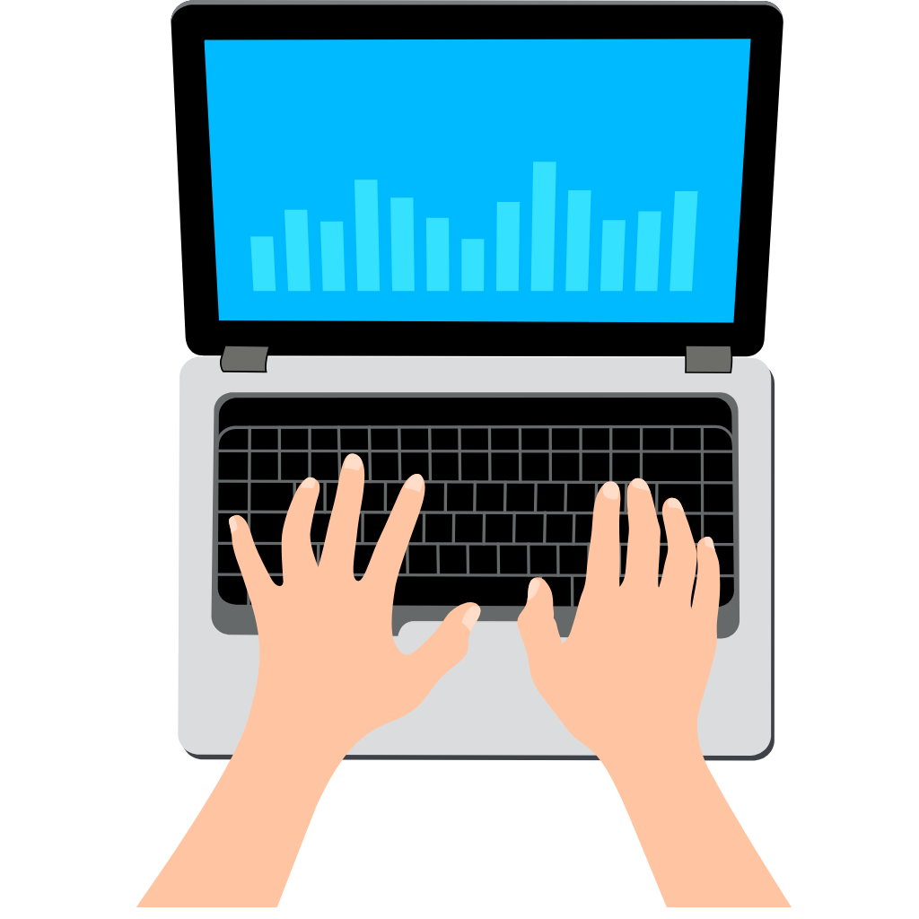 Hands typing on a laptop keyboard with a bar graph on screen, representing digital shorthand transcription and data accuracy.