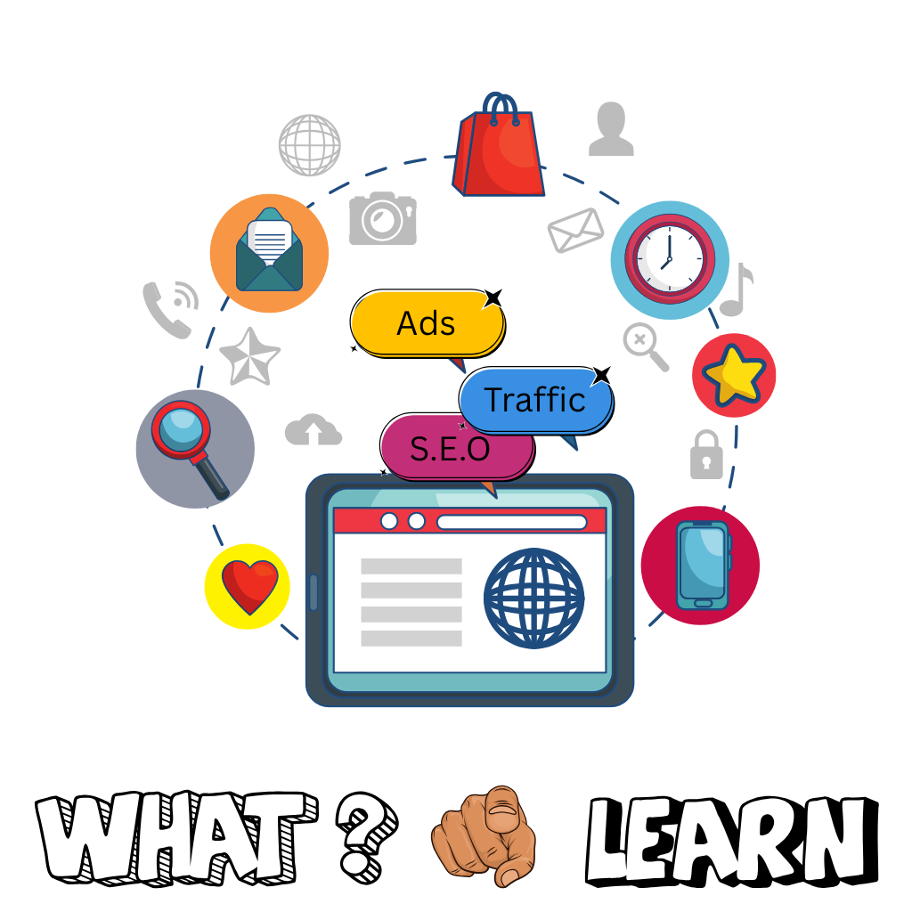 Digital marketing concepts like SEO, Ads, Traffic, and online tools surrounding a tablet screen