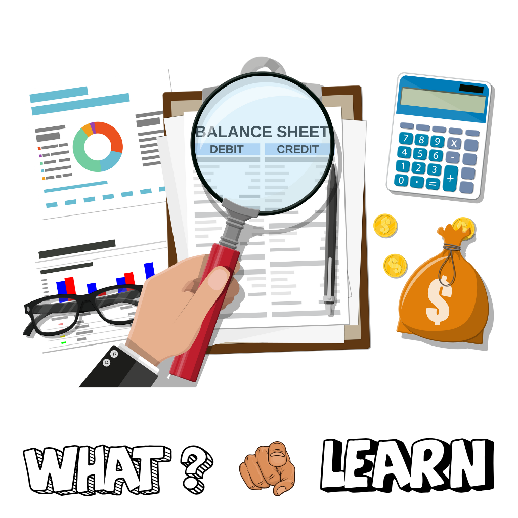 Magnifying glass over balance sheet with financial tools like calculator, charts, and money bag, representing key elements of computer accounting.