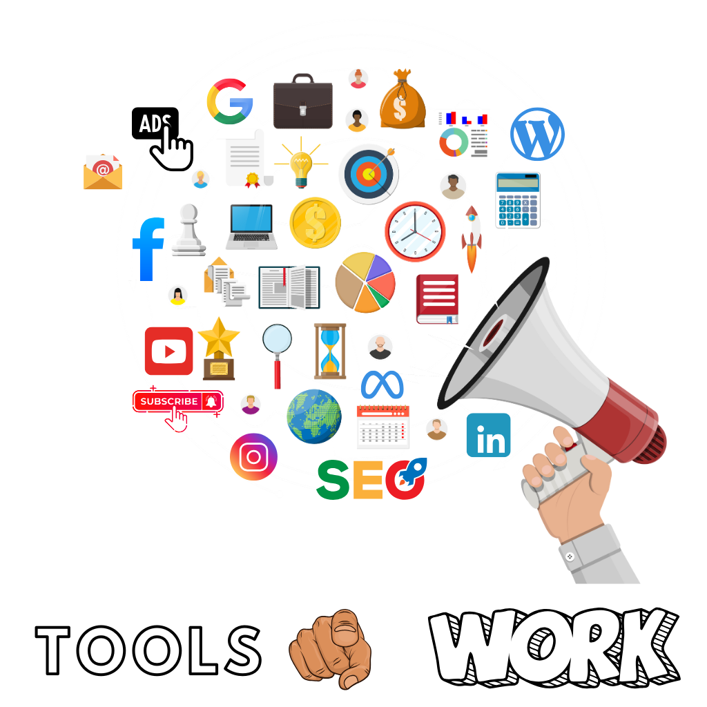 Digital marketing tools and platforms represented as colorful icons forming a heart around a megaphone.