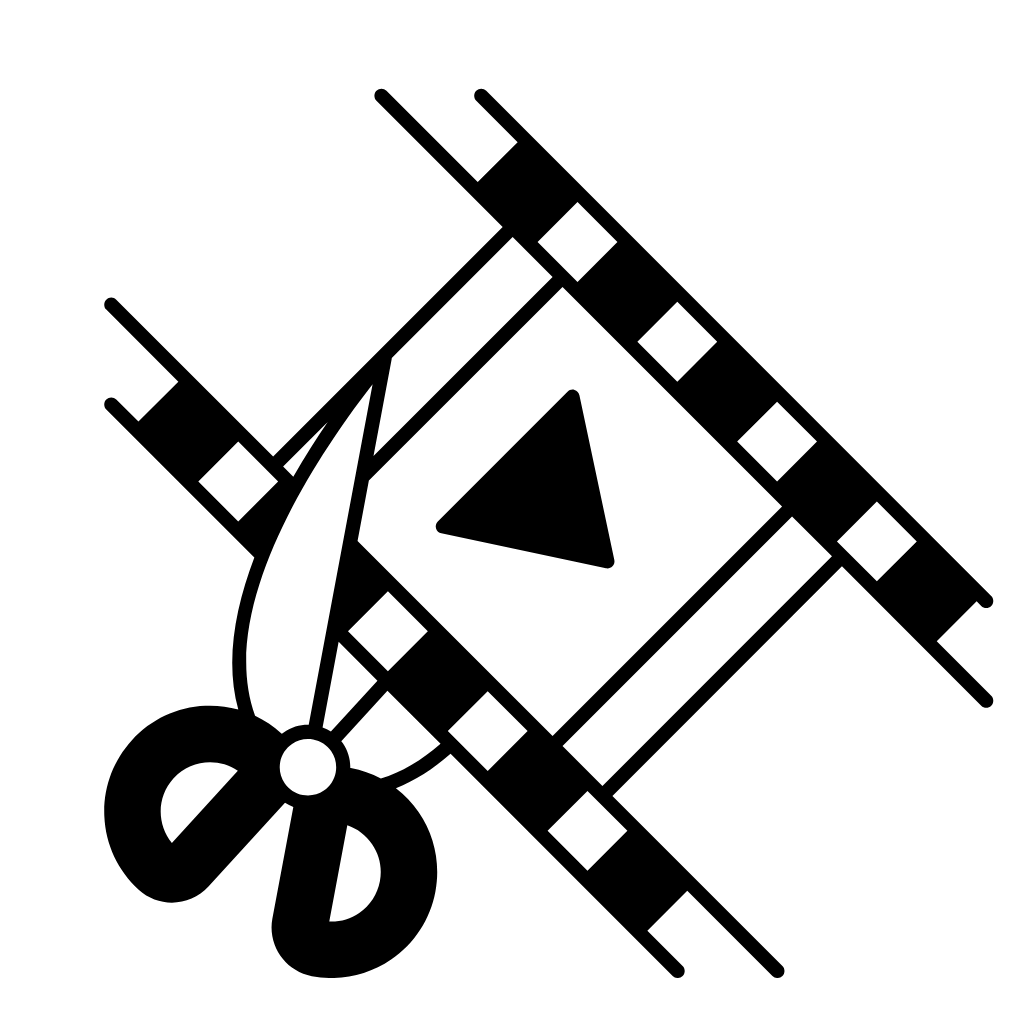 Icon of video editing tools including a film strip, scissors, and a play button.